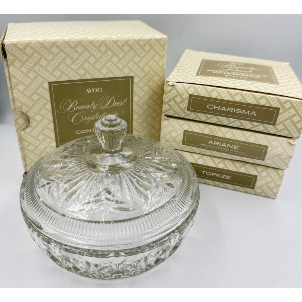Avon Crystal Beauty Dust Container 3 Refills Puff New Old Stock Vintage 1980s‎